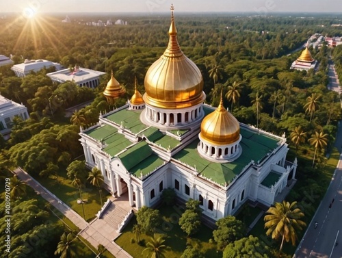 Amazing high resolution aerial drone photos of magnificent temple with sunlit golden domes and rich greenery around photo