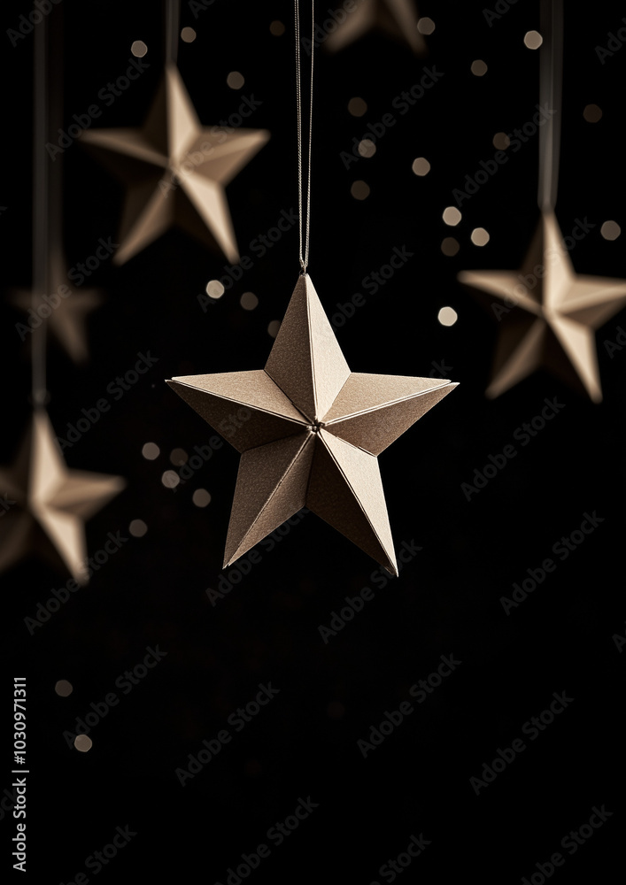 Obraz premium Star-shaped cardboard decorations hang against a black background in a close-up view.Minimal creative Christmas holiday concept.Copy space,flat lay