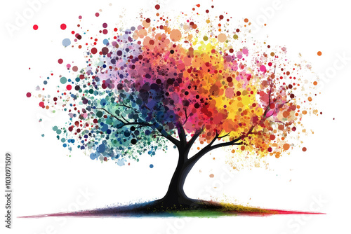 Colorful tree with vibrant leaves, depicted in an artistic style; perfect for nature and creativity themes.