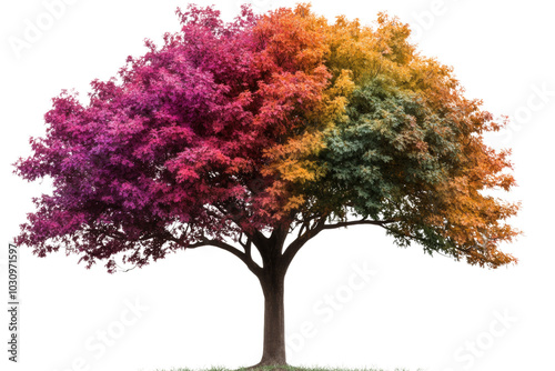 Colorful tree with vibrant leaves showcasing a spectrum of colors against a white isolated background.