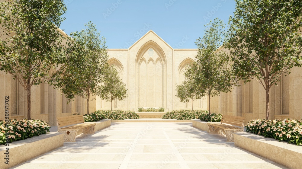 Fototapeta premium Serene Gothic Monastery Courtyard with Stone Benches and Blooming Flowers 3D Render Illustration