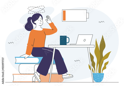 Tired woman at workplace. Young girl with low energy reading near laptop. Stress and mental burnout. Incorrect organization of work process. Linear vector illustration