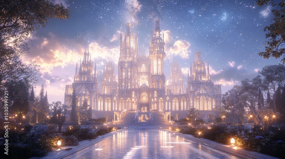 Obraz premium Enchanting Gothic Castle at Night with Illuminated Turrets in Serene Landscape - 3D Render Illustration
