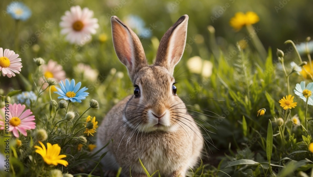 Fototapeta premium Enchanting Rabbit Amid Lush Meadow with Wildflowers in Soft Sunlight.
