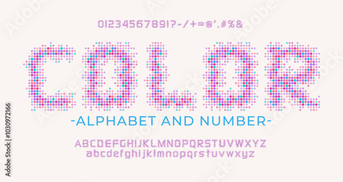Retro font made of colorful dots. LED digital letters Alphabet with uppercase, numbers and symbols.