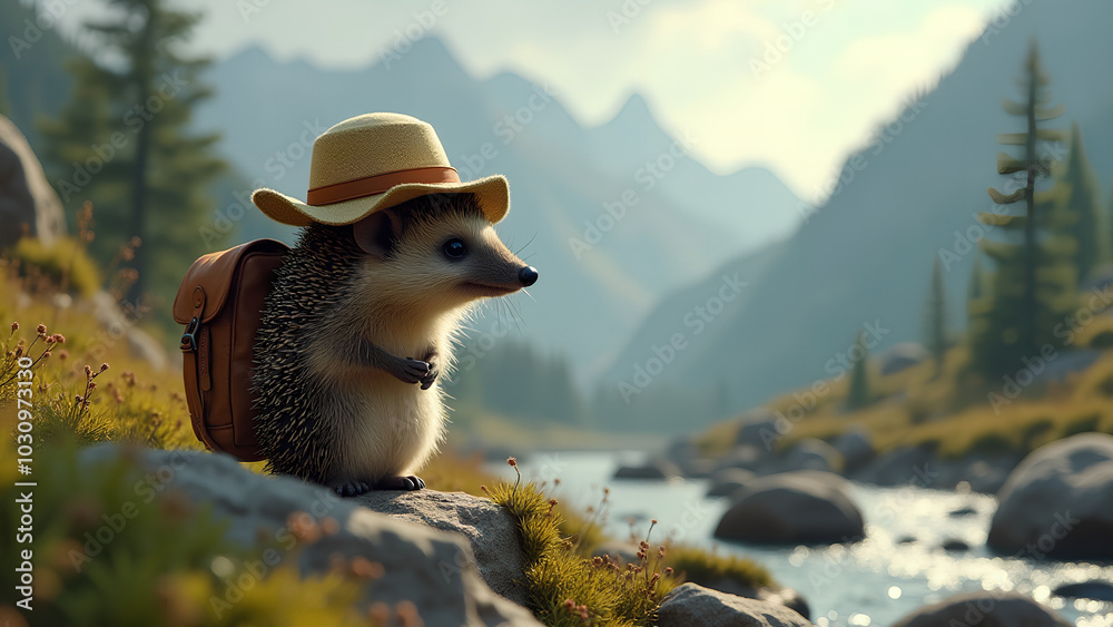Obraz premium Ein Igel mit einem winzigen Entdeckerhut und einem Rucksack begibt sich auf eine Reise durch wildes Gelände.