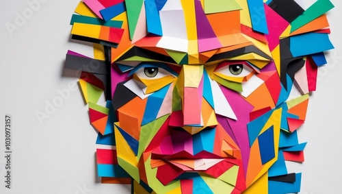 Innovative collage representation of a male face using bright and colorful paper textures symbolizing creativity and positive vibes for graphic design projects. photo