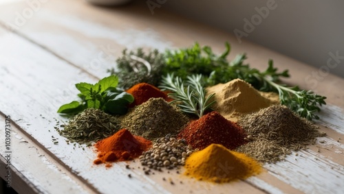 Fototapeta Naklejka Na Ścianę i Meble -  Herbs and spices displayed on a wooden surface.