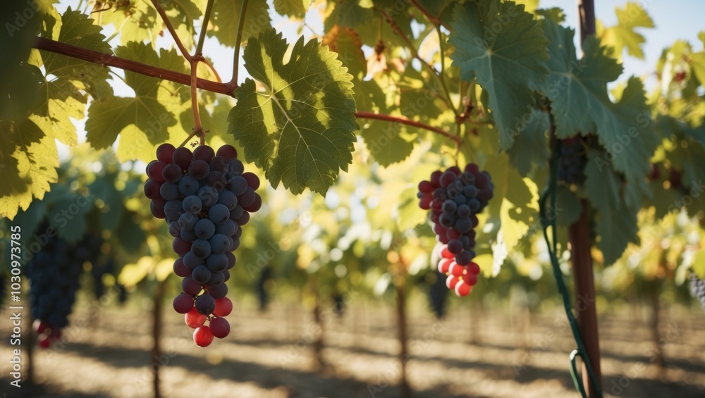 Fototapeta premium Fresh Grapes Hanging from a Vine in a Vineyard.