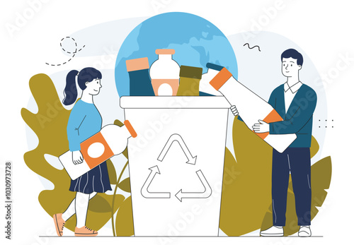 People with waste processing. Man and woman with plastic bottles near container with trash and garbage. Care about ecology and environment. Linear vector illustration