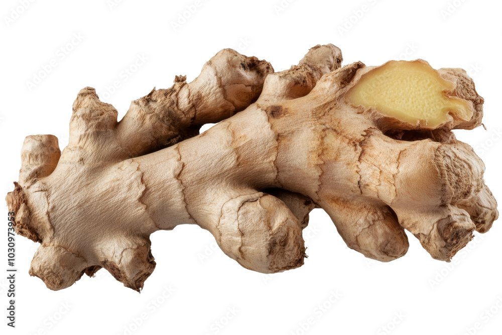Fresh ginger root, showcasing its unique texture and shape on a white isolated background. Fresh ginger root, showcasing its unique texture and shape on a white isolated background.