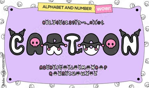 Cute cartoon kawaii font in black and pink color with symbols and numbers.