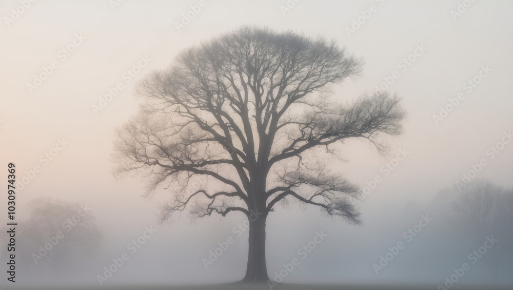 Morning mist enveloping a tree silhouette at sunrise. Morning mist enveloping a tree silhouette at sunrise.
