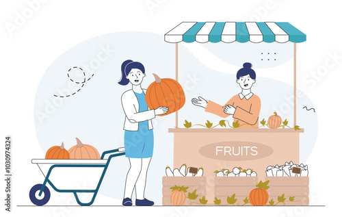 Woman buying pumpkin. Young girl with healthy eating with vitamins. Vendor with fresh fruits and vegetables. Support your local shop. Linear vector illustration