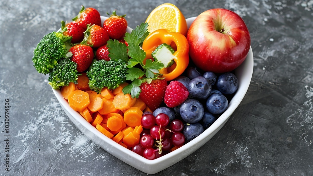 Heart-Shaped Bowl Overflowing with Nutritious Diet Foods - Fresh Fruits and Colorful Vegetables, Symbolizing Love for Healthy Eating and a Healthy Lifestyle Heart-Shaped Bowl Overflowing with Nutritious Diet Foods - Fresh Fruits and Colorful Vegetables, Symbolizing Love for Healthy Eating and a Healthy Lifestyle