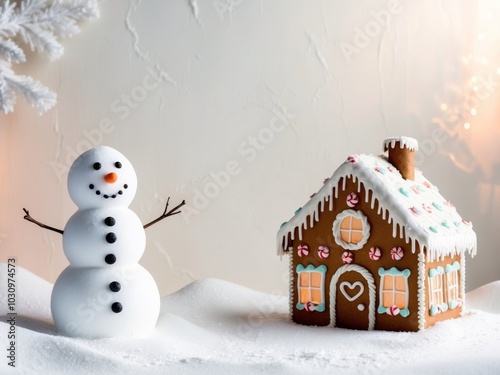 Festive Winter Wonderland with Snowman and Gingerbread House. photo