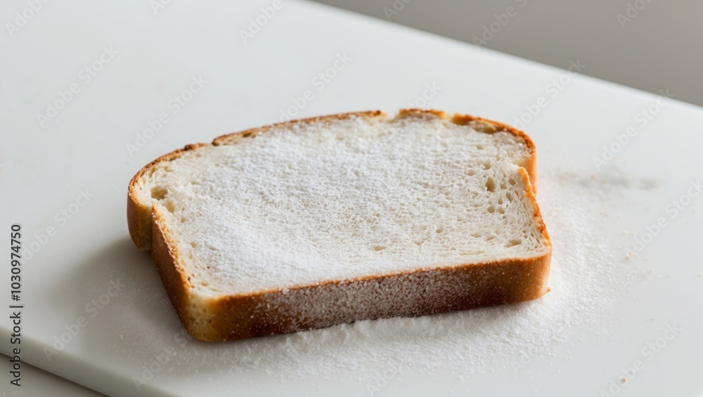 A tight shot of a slice of bread generously dusted with powdered sugar atop.