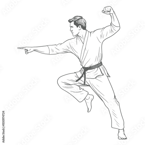 a man in a fighting stance and a martial artist in mid-jump vector line art, isolated white background