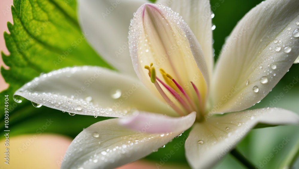 A tight shot of a flower with dewdrops on its petals and a verdant leaf in the backdrop.