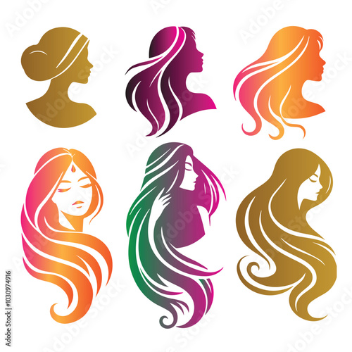 A glamorous vector illustration of a woman's face with long, flowing hair embodies beauty, fashion, and art with a stylish silhouette design
