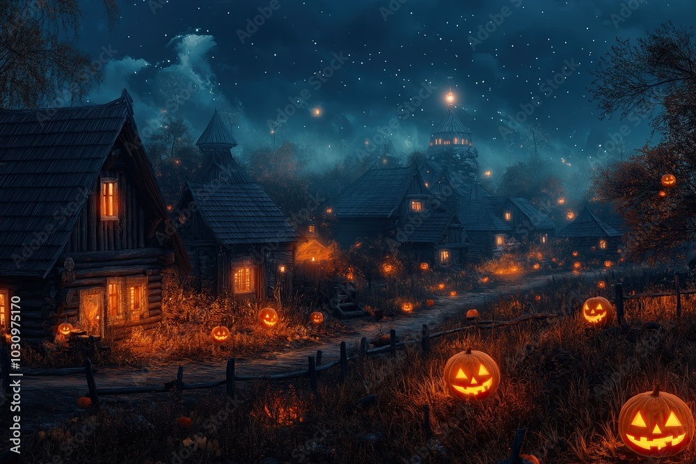 Fototapeta premium Spooky village lit by glowing jack-o-lanterns under a starry night sky