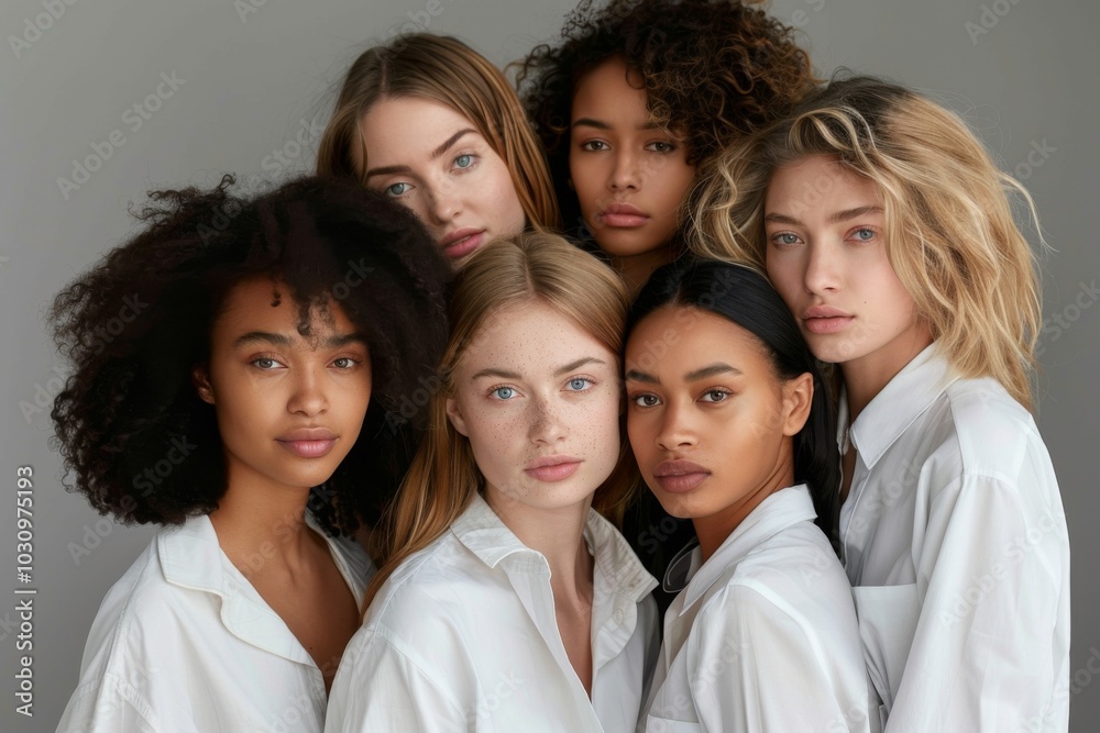 diverse group of young women in white shirts diverse group of young women in white shirts