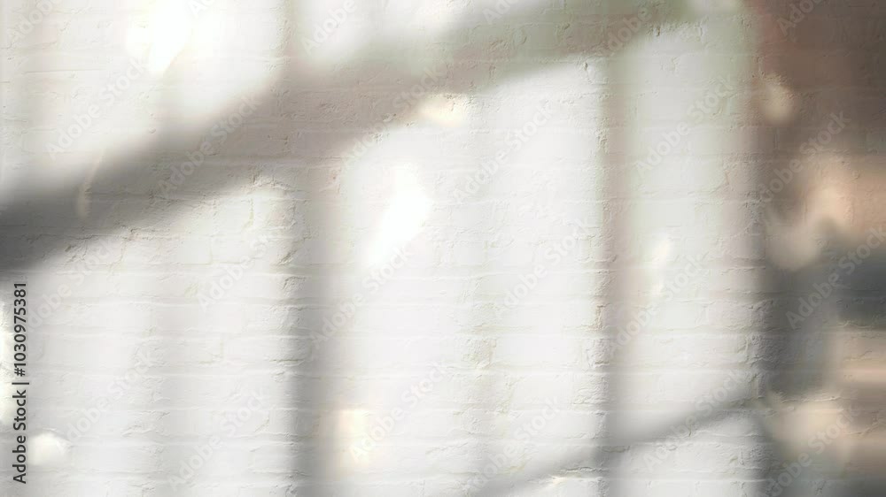 Warm Sunset Light Casting Window Shadows, White Brick Wall Texture Background. Warm Sunset Light Casting Window Shadows, White Brick Wall Texture Background.