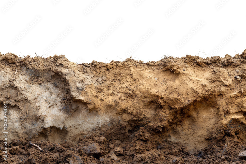 Layered soil and earth texture with various brown tones, isolated on a white background. Layered soil and earth texture with various brown tones, isolated on a white background.