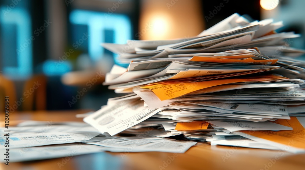 Overdue Utility Bill Pile on Table Overdue Utility Bill Pile on Table