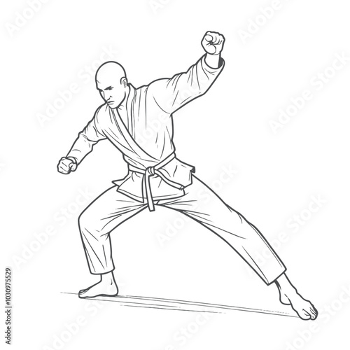 a man in a fighting stance and a martial artist in mid-jump vector line art, isolated white background