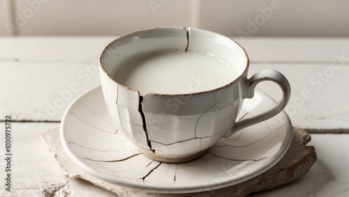 Cracked Teacup with Milk on Rustic Surface. photo