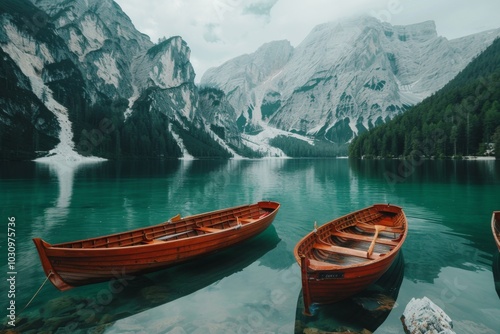 Tranquil Mountain Lake with Wooden Dock and Boats in Winter