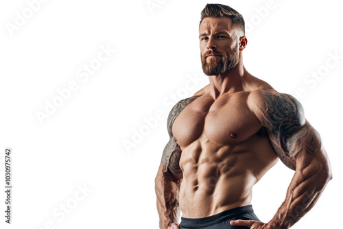 Muscular Man: Portrait of a strong, muscular man with a determined expression and a sculpted physique, showcasing strength, fitness, and athleticism.  