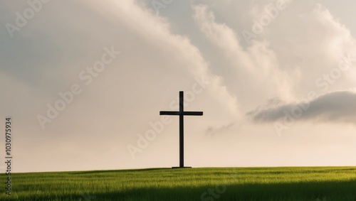 Cross Standing Alone in a Grassy Field Under Clouds. photo