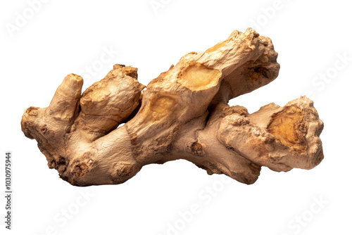 Organic ginger root on a white isolated background, showcasing its unique and textured shapes. photo