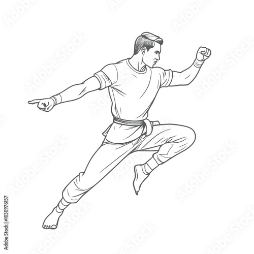 a man in a fighting stance and a martial artist in mid-jump vector line art, isolated white background