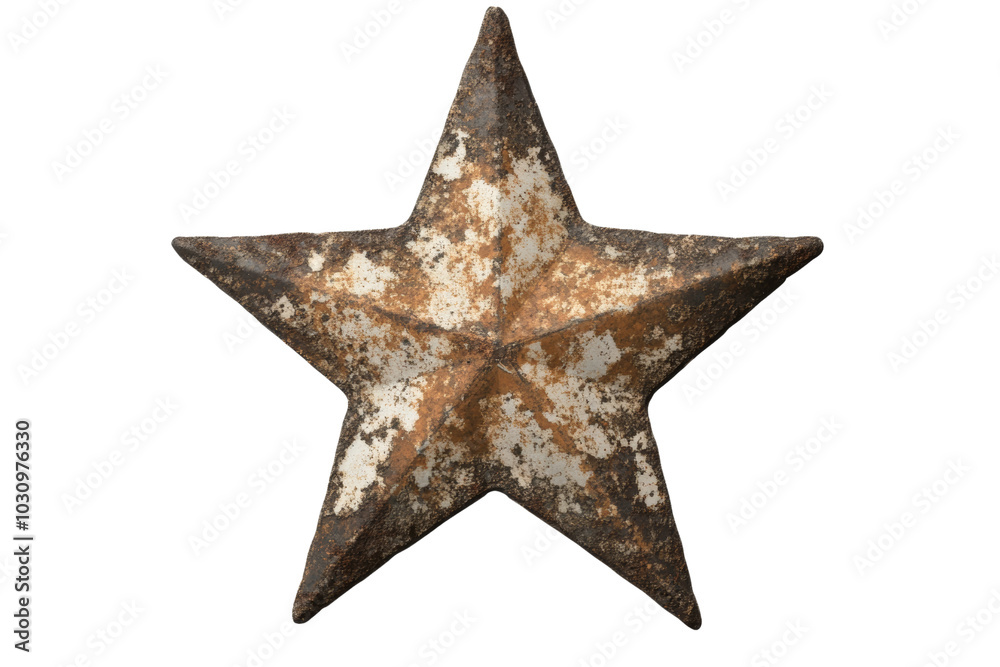 Rustic metal star decoration with a weathered finish on a white isolated background.