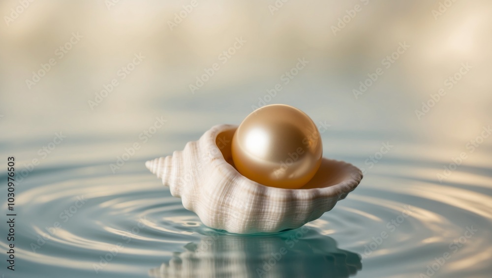 Golden Pearl Inside a Sea Shell on Water Surface. Golden Pearl Inside a Sea Shell on Water Surface.