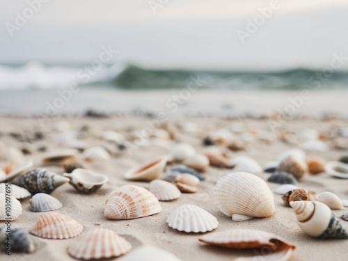 A collection of shells scattered on the sand near the waterline.