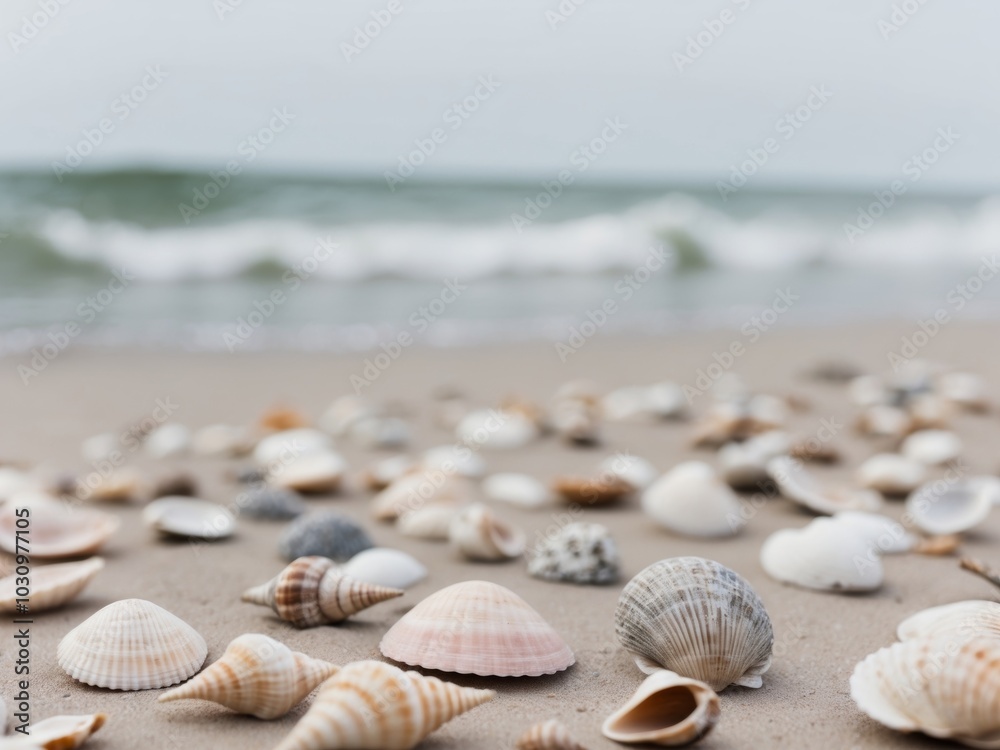 A collection of shells scattered on the sand near the waterline. A collection of shells scattered on the sand near the waterline.