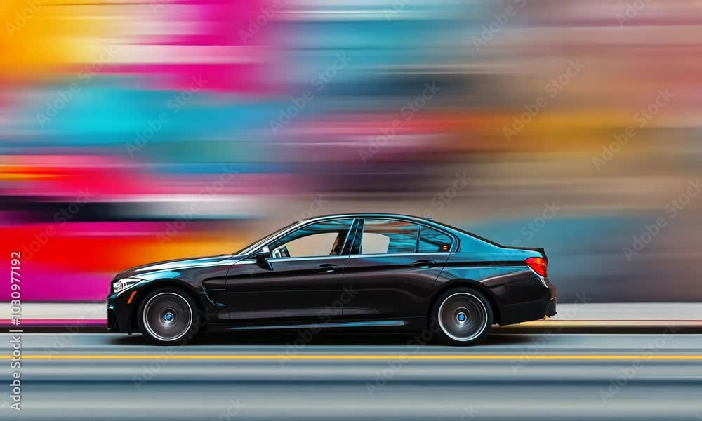 Black Sedan Speeding Through Colorful Street Black Sedan Speeding Through Colorful Street