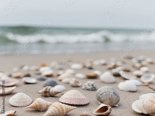 A collection of shells scattered on the sand near the waterline.