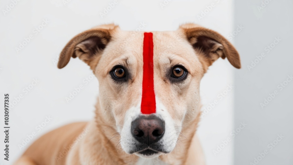A tight shot of a canine's visage featuring a crimson mark in its center. A tight shot of a canine's visage featuring a crimson mark in its center.