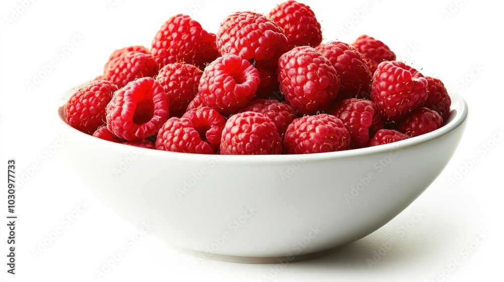 A bowl filled with juicy raspberries, their bright red color popping against a white background A bowl filled with juicy raspberries, their bright red color popping against a white background