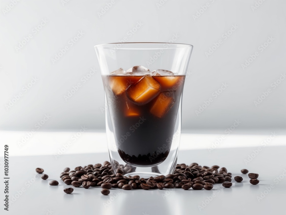 a glass of iced coffee with coffee beans around it. a glass of iced coffee with coffee beans around it.