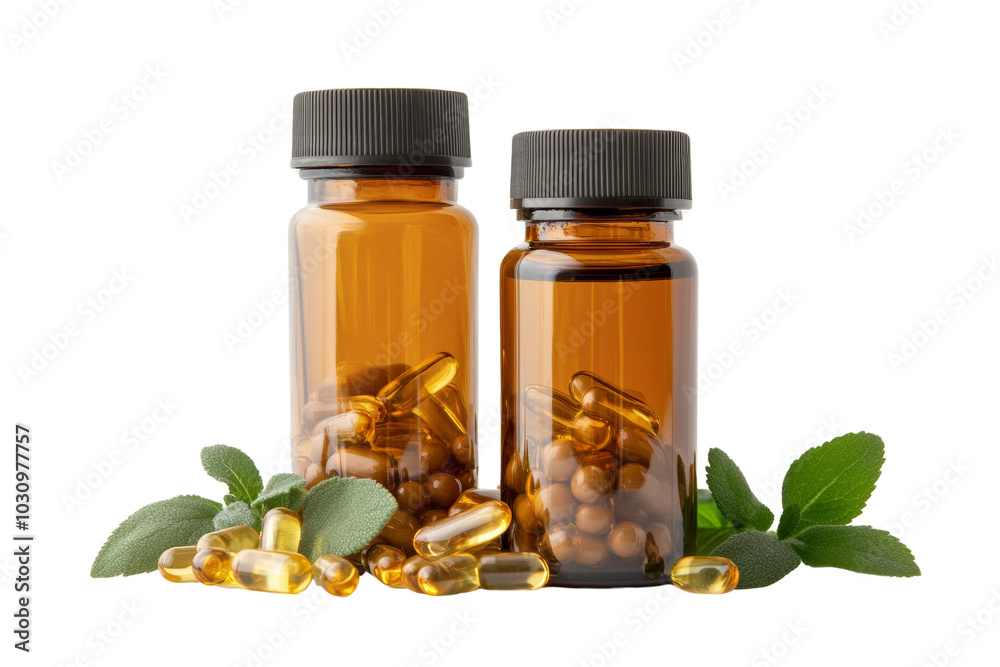 Two glass bottles filled with dietary supplements and natural capsules, surrounded by green leaves. Two glass bottles filled with dietary supplements and natural capsules, surrounded by green leaves.