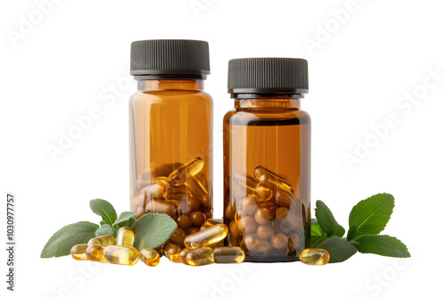 Two glass bottles filled with dietary supplements and natural capsules, surrounded by green leaves. photo