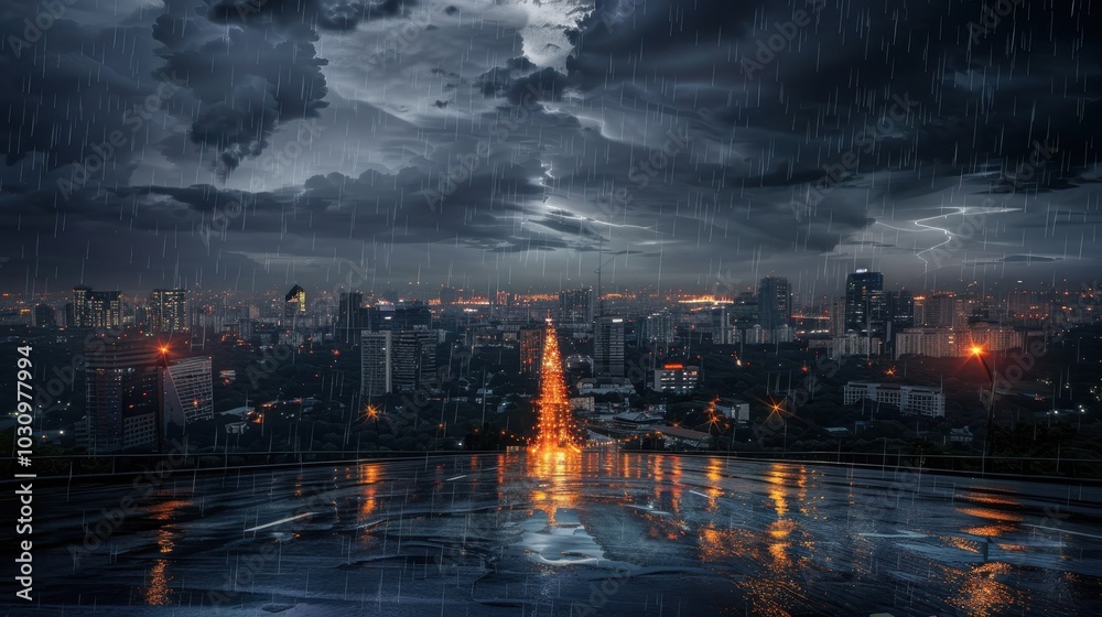 Thunderstorm displays an abstract beauty. Lightning and rain dominate the dark, stormy sky. Thunderstorm displays an abstract beauty. Lightning and rain dominate the dark, stormy sky.
