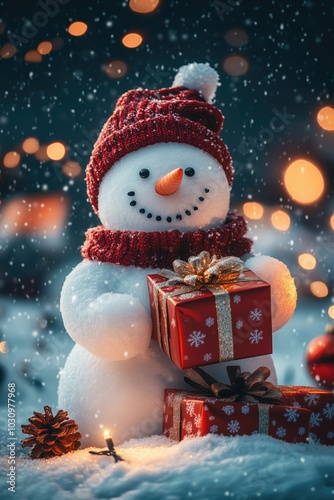 Snowman with christmas presents in his hands. Christmas lights and snowfall in the background, big editable space above him