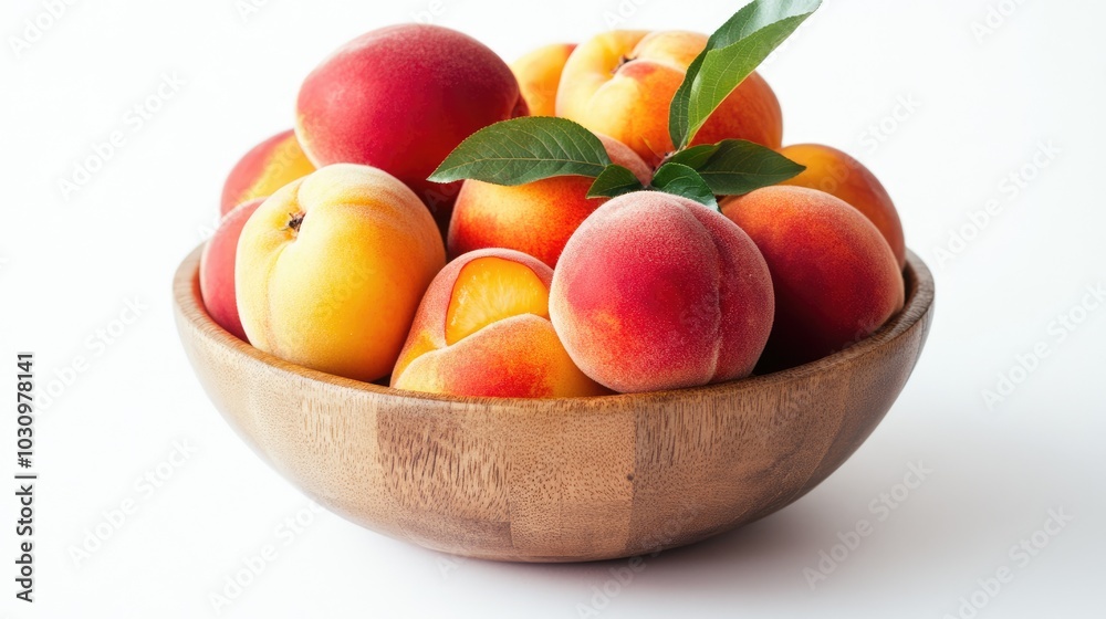 A bowl of fresh peaches and nectarines arranged on a bright white background A bowl of fresh peaches and nectarines arranged on a bright white background